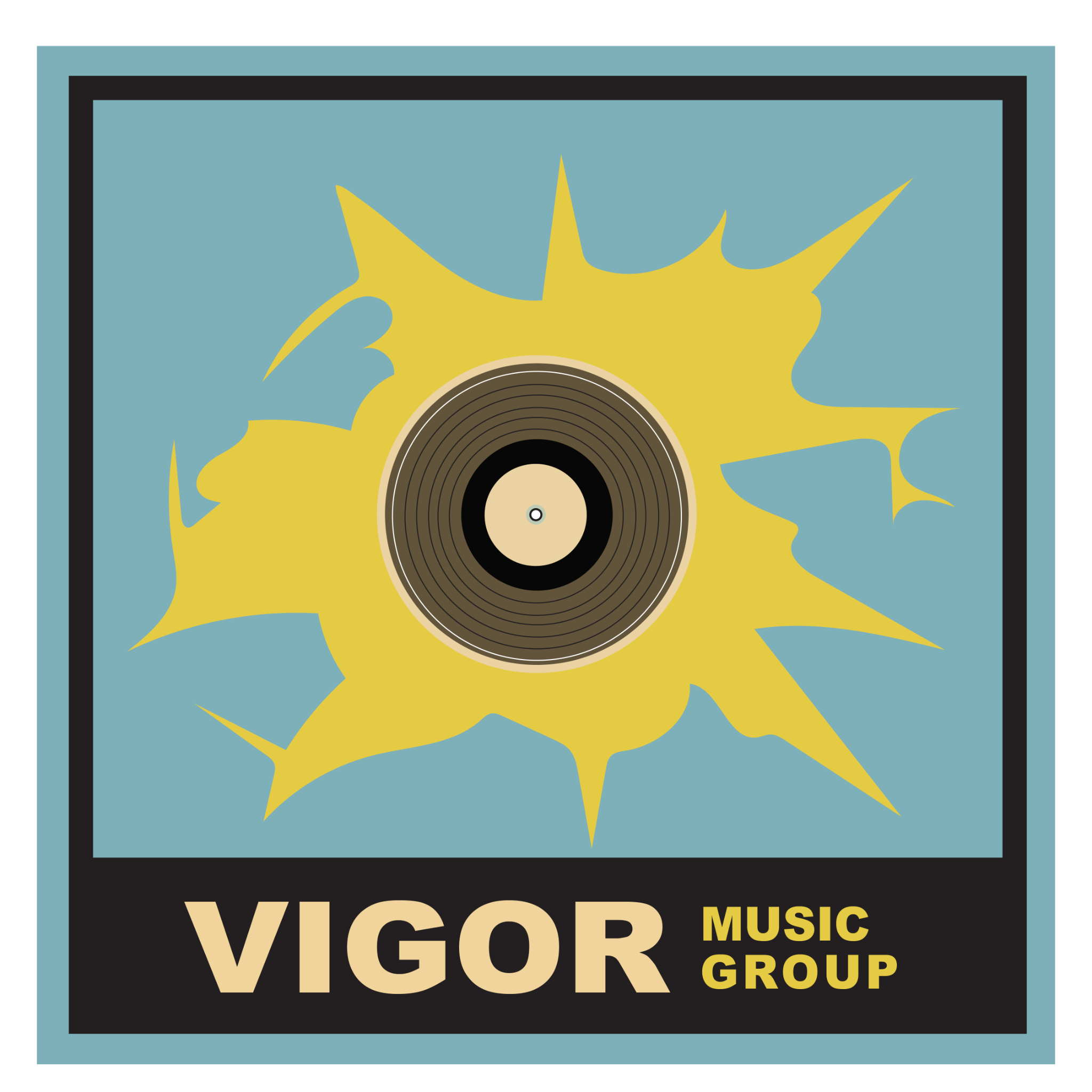 Vigor Music Group logo with a vinyl record and golden burst on teal